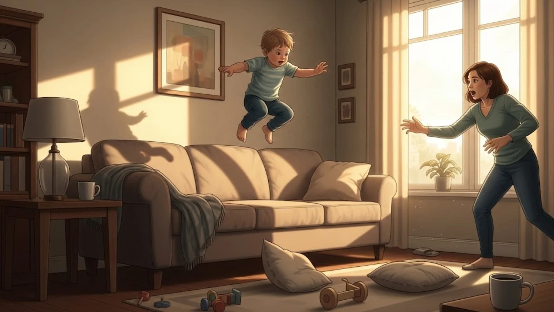 "Mother looking surprised as a young boy jumps high off a living room couch, illustrating energetic child's play."
