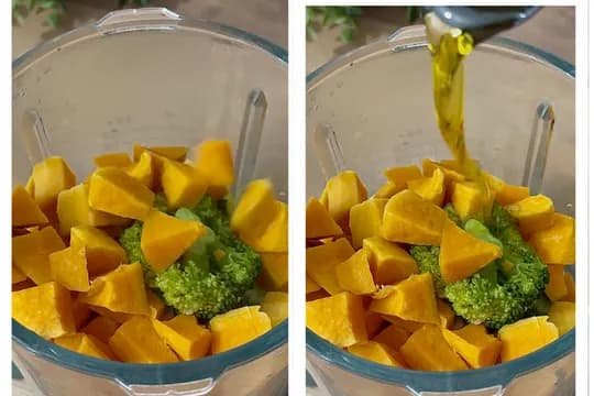 Blending steamed sweet potato, chicken, and broccoli with olive oil and water for smooth baby purée