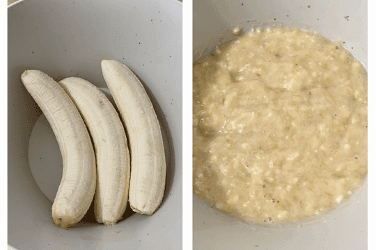 In a large mixing bowl, mash the bananas with a fork until smooth.