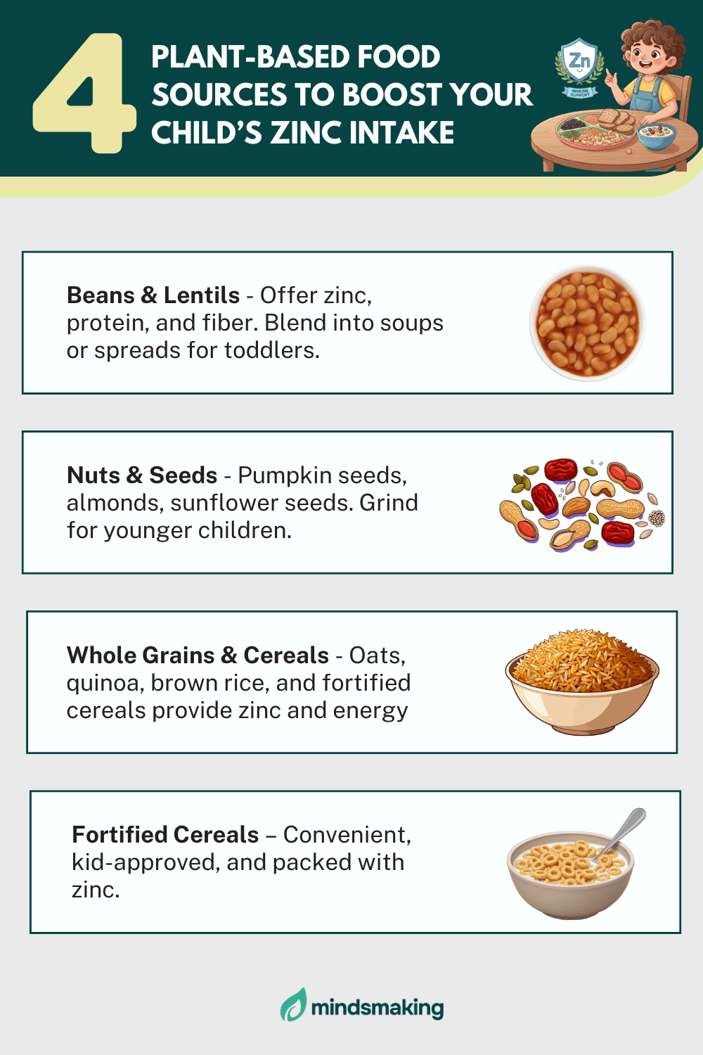 Infographic listing 4 plant-based food sources to boost a child's zinc intake, featuring beans and lentils, nuts and seeds (pumpkin and sunflower), whole grains like oats and quinoa, and fortified cereals with tips for serving toddlers.
