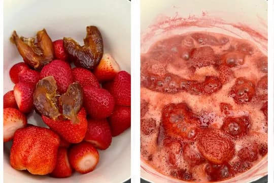 "Side-by-side image illustrating the first steps of making homemade strawberry puree. On the left, a bowl of fresh strawberries and dates. On the right, the strawberries and dates are simmering in a pot, bubbling into a fruit compote. Ideal for making strawberry yogurt or baby food."