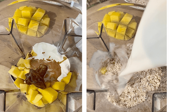 Preparing and blending mango, yogurt, almond butter, oats, dates, and almond milk for a creamy, nutritious mango oatmeal breakfast smoothie.