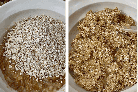 Rolled oats being mixed into the banana and nut butter mixture — forming a thick, sticky batter for mini oat muffins.