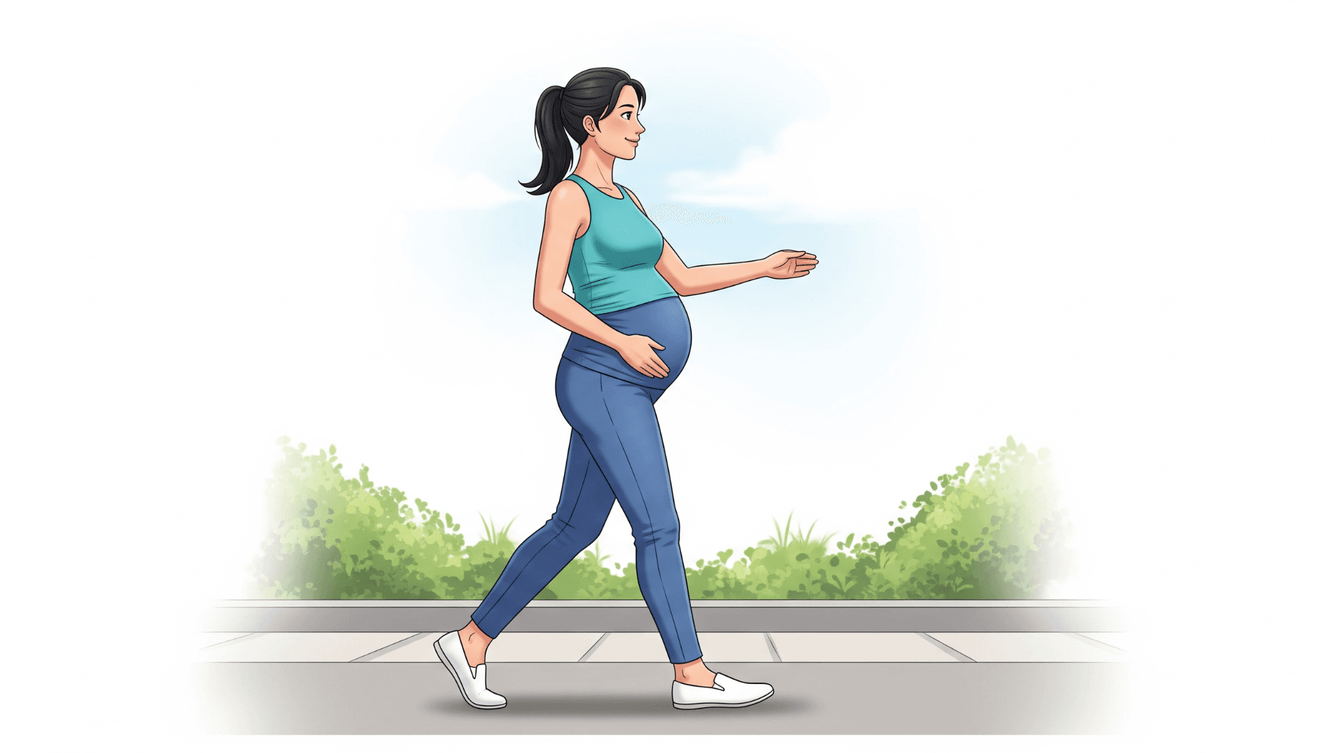 Pregnant woman walking outdoors to induce labour, holding her baby bump with a calm expression.