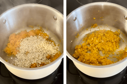 "Add oatmeal to the pan, stirring for 1-2 minutes to absorb flavors and lightly toast."