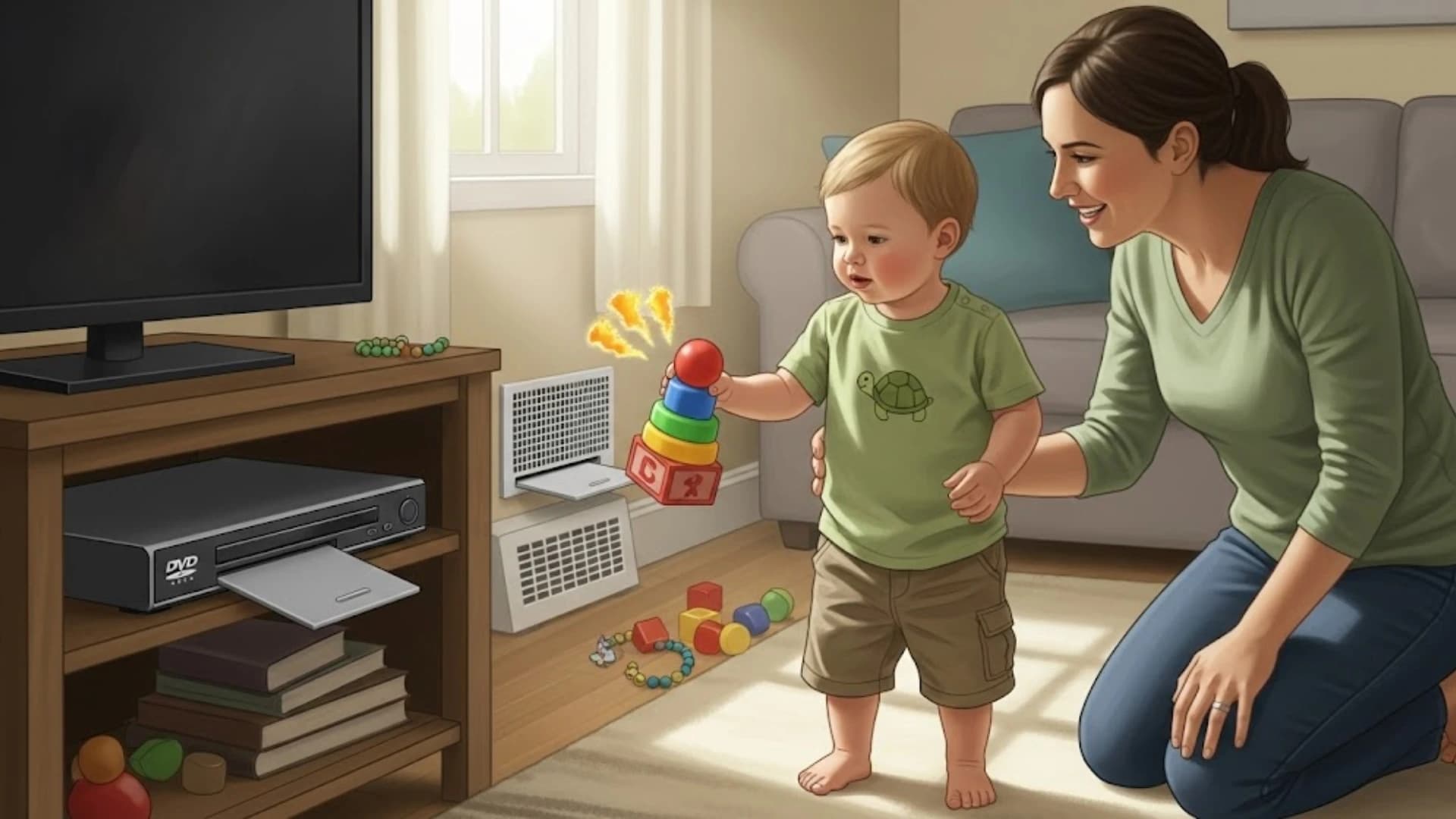 "Happy mother supervising a toddler playing with a stacking toy in a child-proofed living room, with secured outlets."