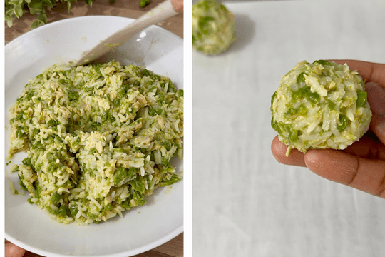 Hands forming sticky rice mixture into baby-sized rice balls.