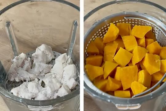 Steaming sweet potato cubes and chicken pieces until tender for homemade baby purée