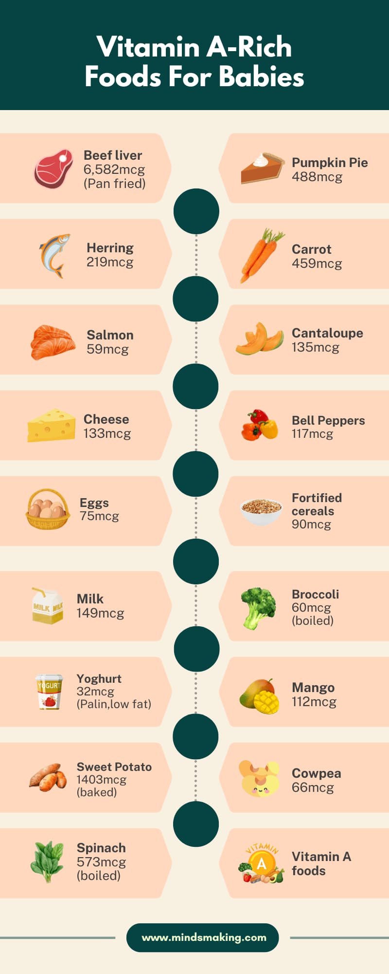 "Infographic showing Vitamin A-rich foods for babies with microgram values, including beef liver, sweet potato, spinach, pumpkin pie, carrots, cantaloupe, cheese, eggs, milk, broccoli, mango, and more. Healthy diet guide by Minds Making."