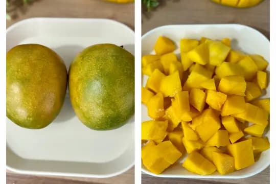 "Fresh ripe mangoes whole and chopped in a white plate – step-by-step preparation for homemade mango puree or baby food"