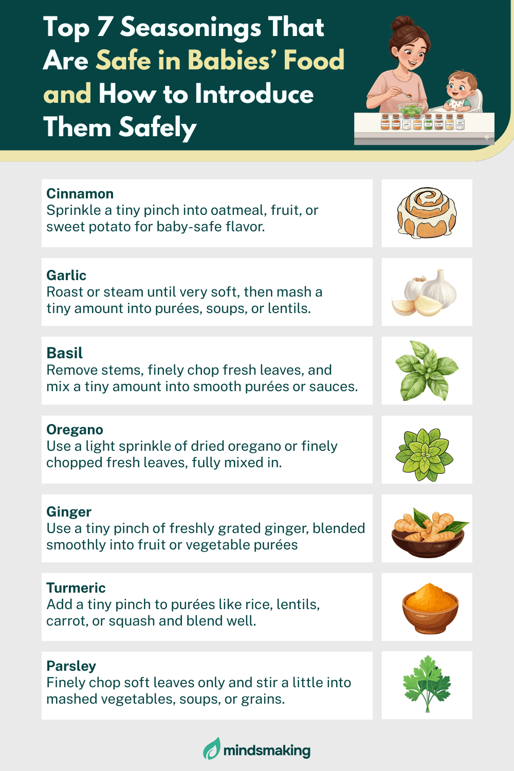 Infographic titled 'Top 7 Seasonings That Are Safe in Babies’ Food and How to Introduce Them Safely' featuring preparation tips for cinnamon, garlic, basil, oregano, ginger, turmeric, and parsley