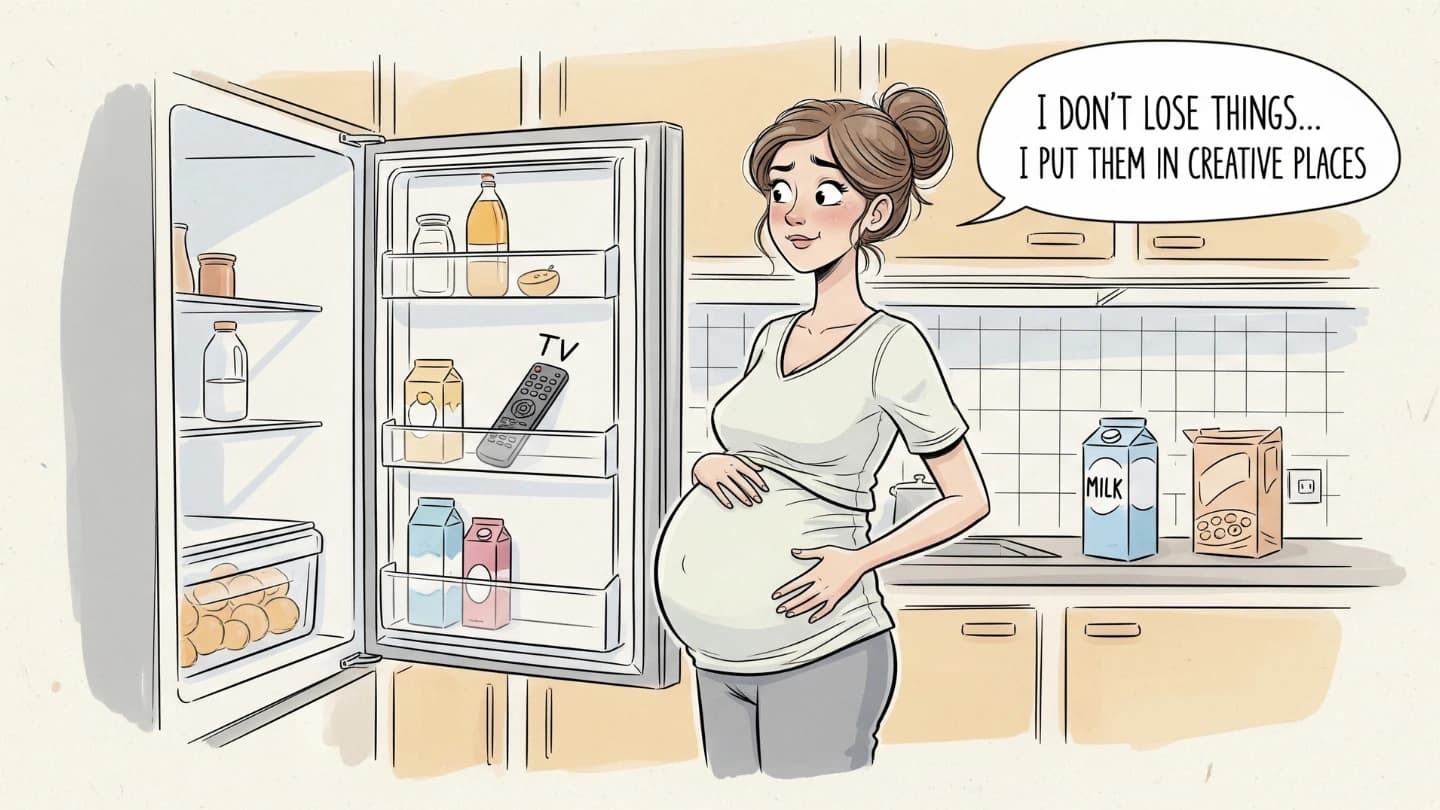 Pregnancy brain meme about accidentally putting the TV remote in the fridge