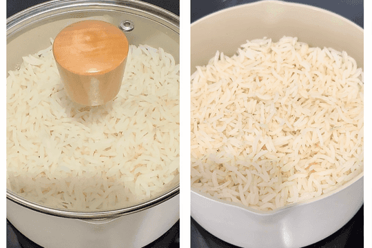Perfectly cooked rice in a pot, a key ingredient for making smooth and creamy avocado rice puree for babies.