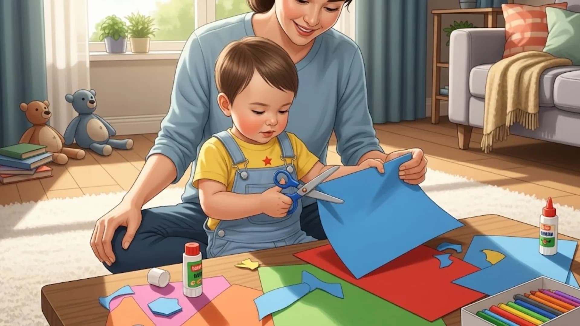 "Smiling mother teaching a toddler how to use child-safe scissors to cut paper during an art and craft activity."