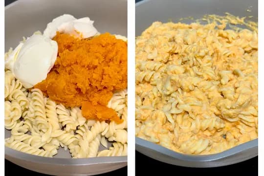 Mashed sweet potato mixed with softened cream cheese in a pan – creamy and nutritious baby food preparation.