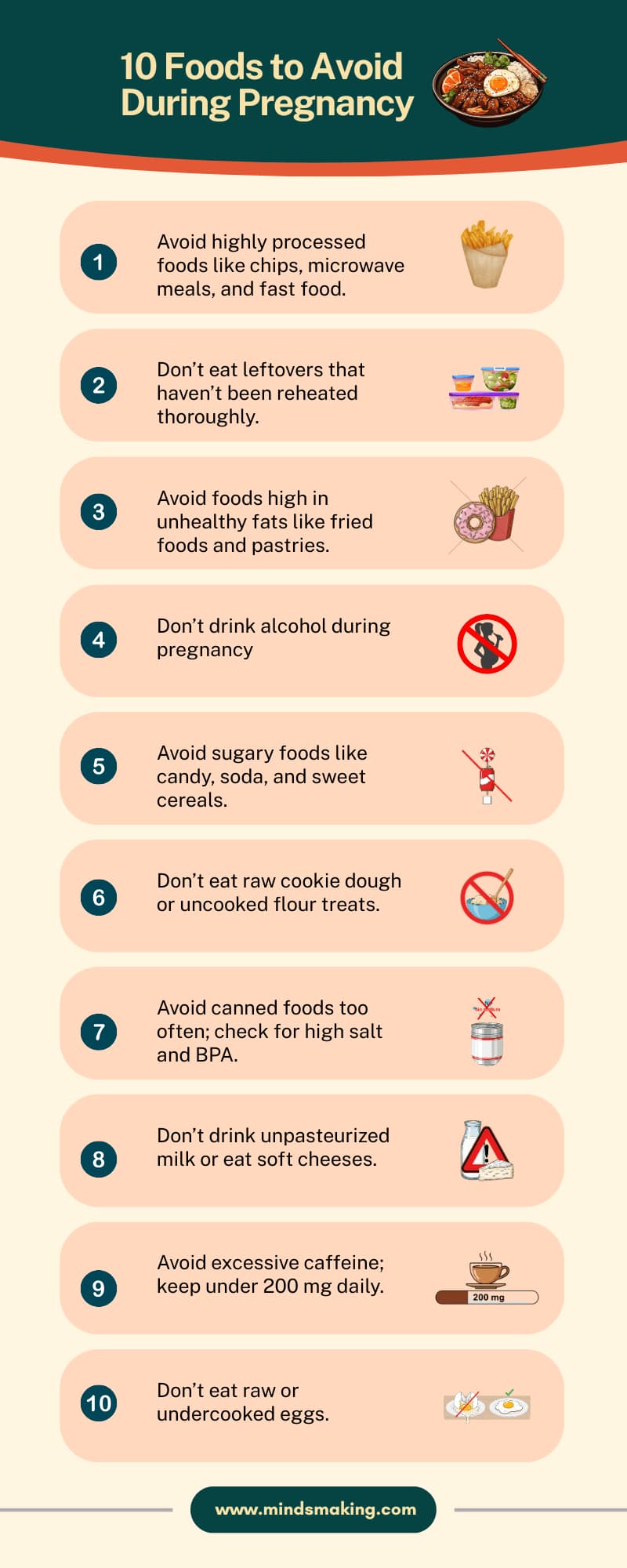 Infographic titled '10 Foods to Avoid During Pregnancy,' listing banned items like alcohol, unpasteurized dairy, raw eggs, excessive caffeine, raw cookie dough, high-sodium canned foods, and highly processed and sugary snacks.
