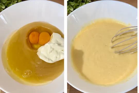 "Step-by-step applesauce pancake batter preparation with eggs, applesauce, and yogurt in a white mixing bowl"