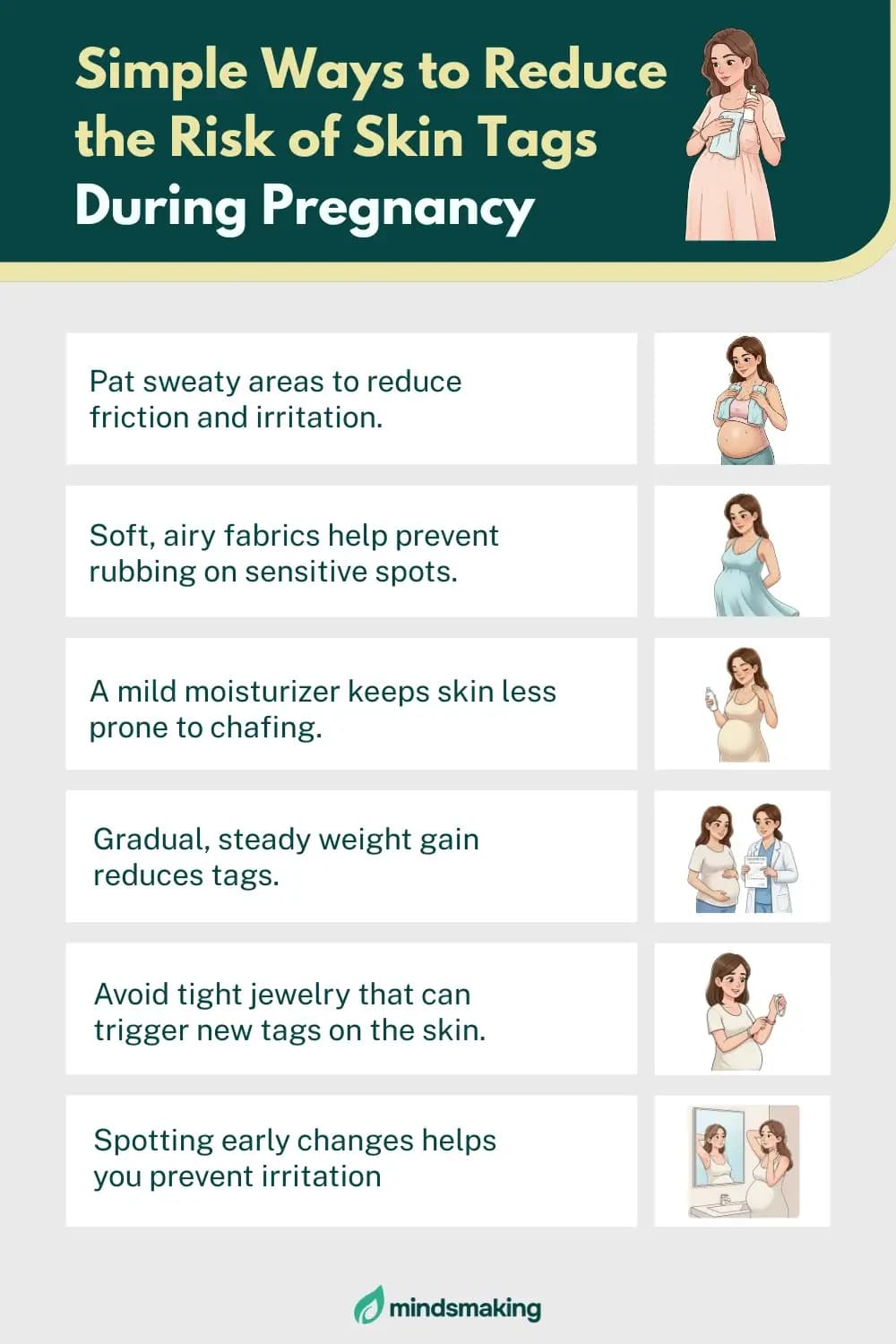 Close-up illustration of small, soft skin tags appearing on the neck and under the breast area of a pregnant person, showing how hormonal changes and skin friction during pregnancy can lead to their development.