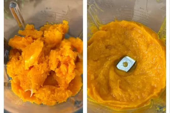 "Cooked butternut squash chunks in a blender before and after being pureed into a smooth baby food consistency."
