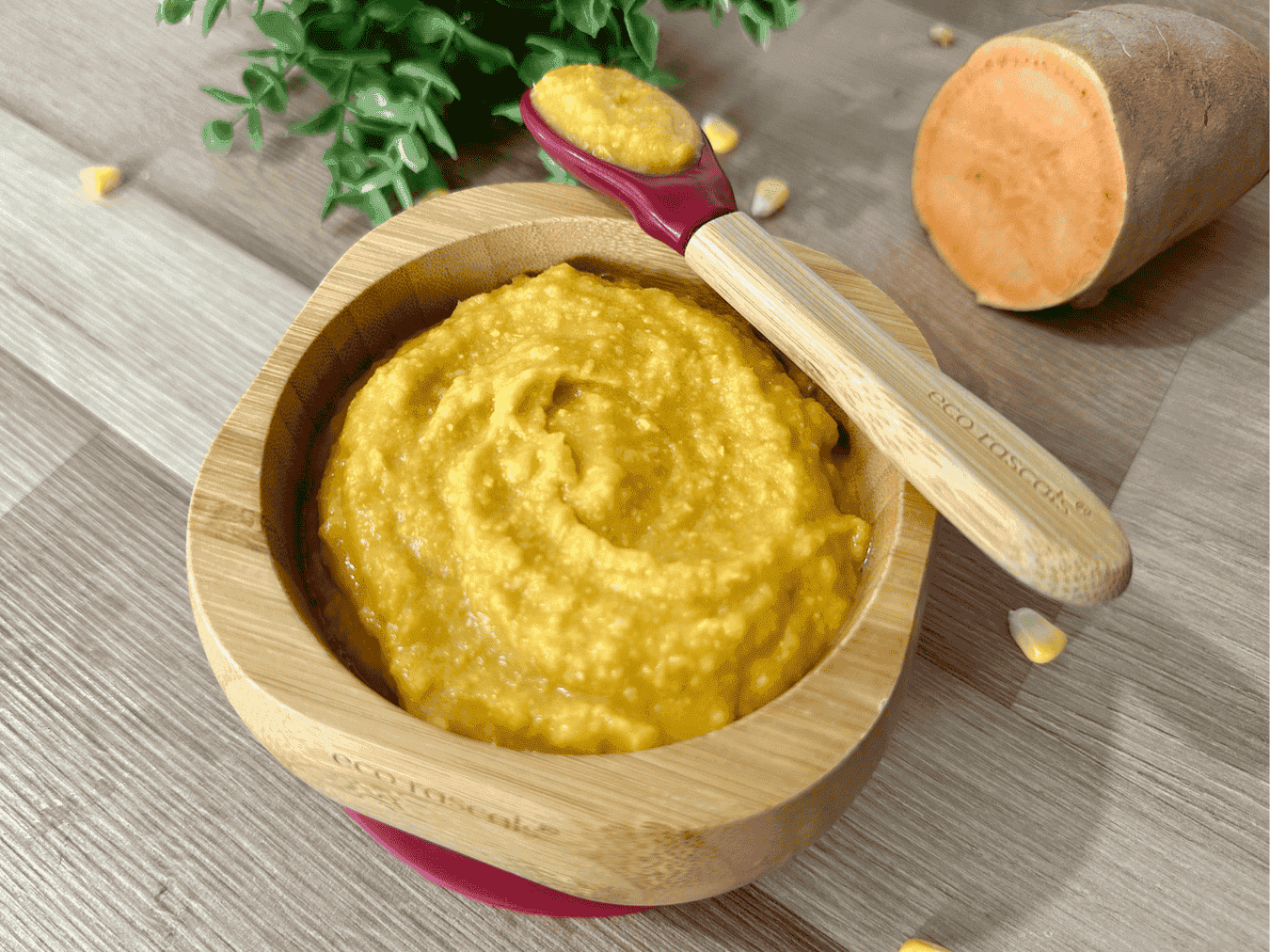 A smooth and creamy sweet potato corn puree served in a bowl, made with fresh sweet potatoes and corn for a naturally sweet and healthy baby food option.