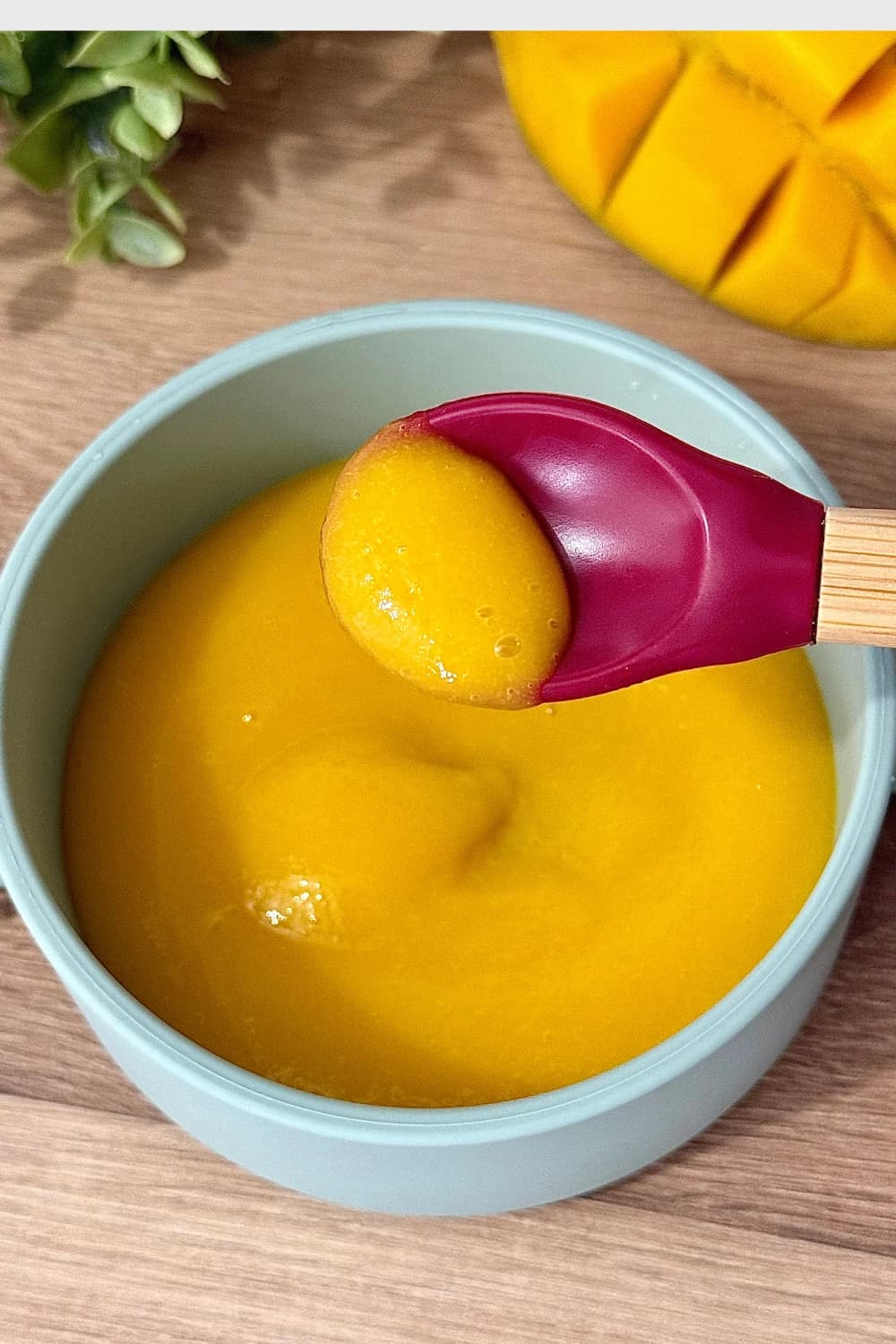 "Homemade mango puree in a baby bowl with silicone spoon – healthy baby food made from fresh ripe mangoes"