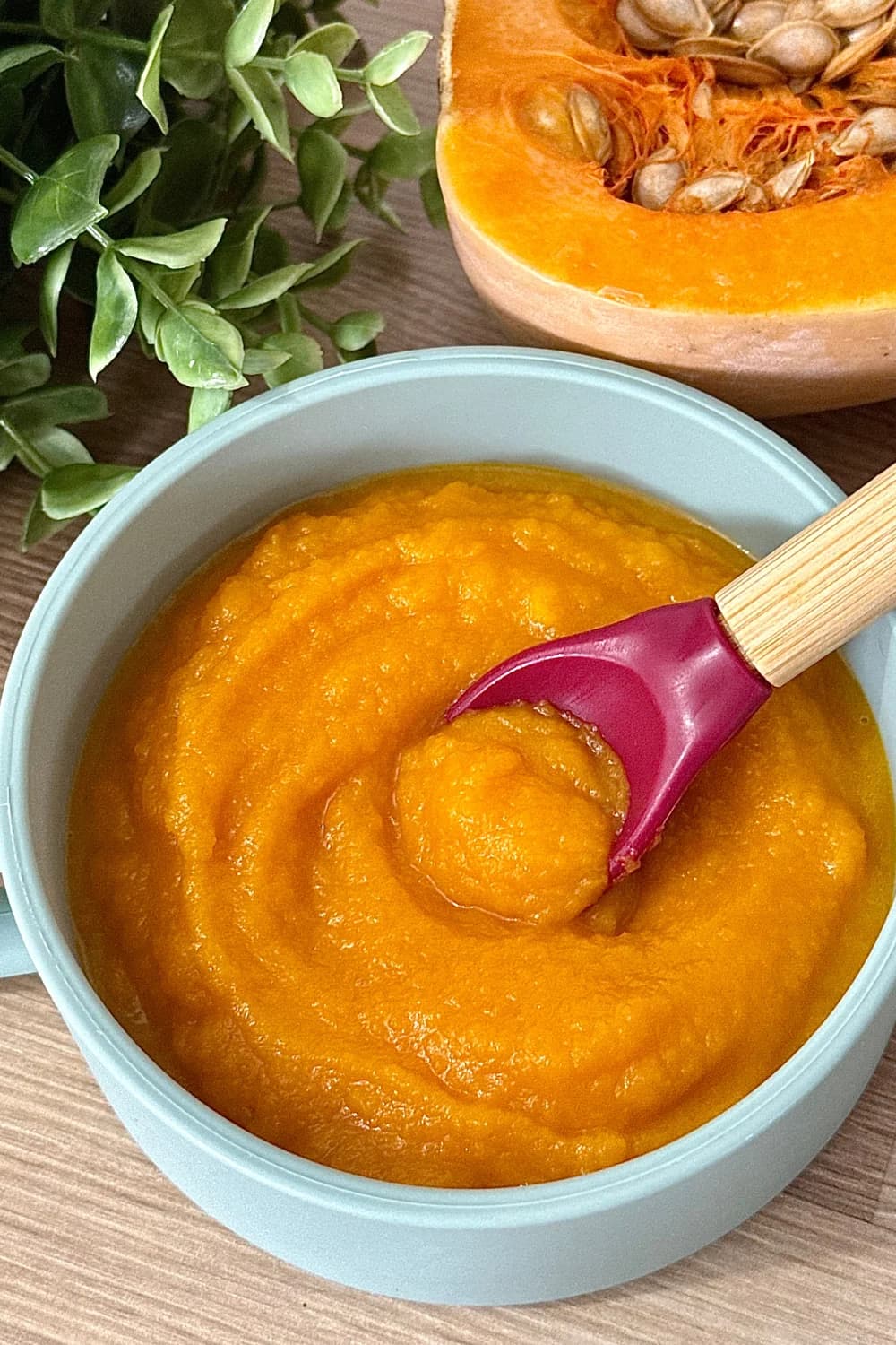 "Smooth butternut squash puree being scooped from a light blue bowl with a pink and wood baby spoon, ideal for infant feeding."