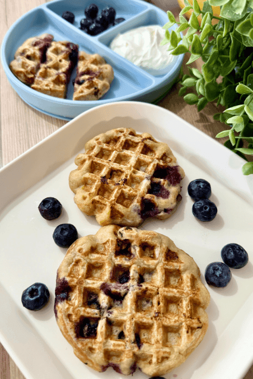 A stack of golden blueberry banana waffles topped with fresh blueberries and banana slices, drizzled with maple syrup. These soft and crispy waffles are made with ripe bananas and juicy blueberries, perfect for a nutritious and flavorful breakfast.