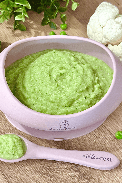 Smooth and colorful vegetable baby purée served in a small bowl, perfect for introducing healthy veggies to babies.