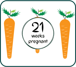 A colorful assortment of carrots featuring the words "21 weeks pregnant" artistically integrated into the image.